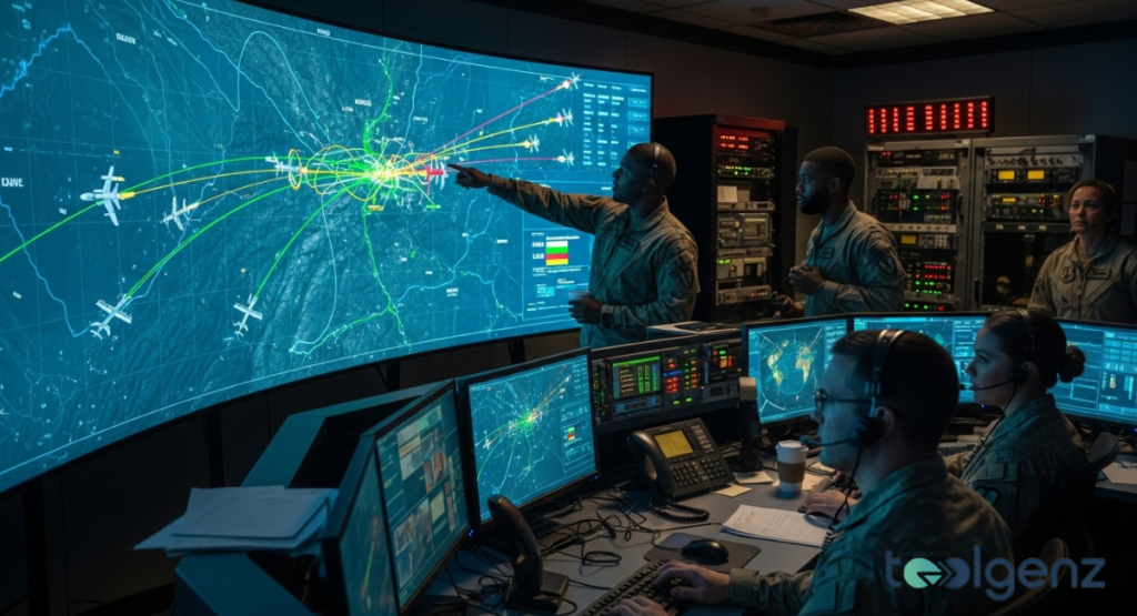 Military personnel in a dimly lit operations room point at a large interactive map displaying air traffic. Multiple data screens surround the central display.
