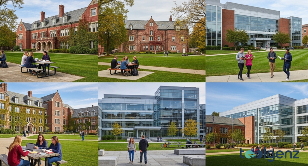 A grid of six images showcasing different university campuses with a mix of traditional and modern architecture, featuring students studying and socializing outdoors. The overall image highlights the variety of educational environments.