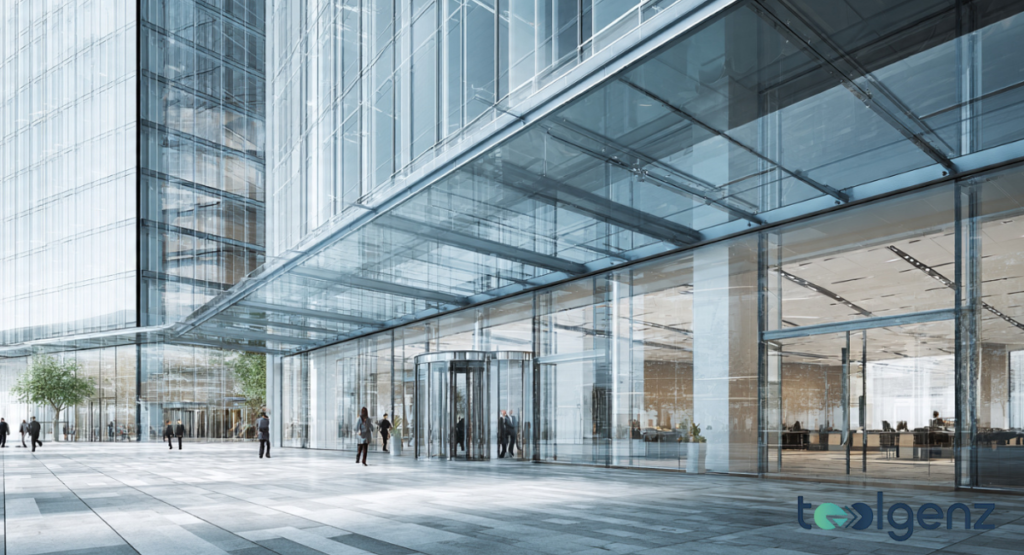 A wide-angle view of a modern corporate headquarters with glass walls.
Professional staff members are seen entering a bright, welcoming lobby area.