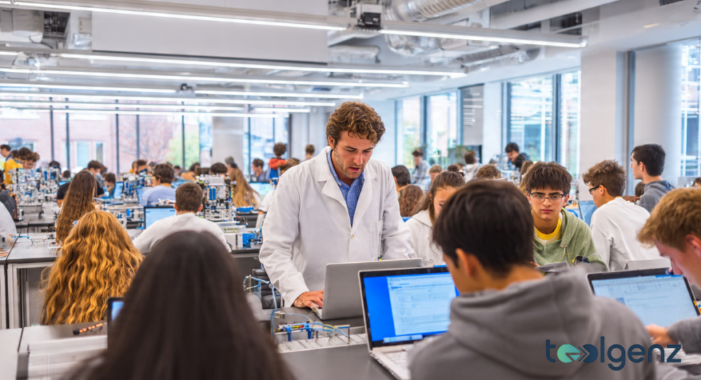 A focused professor in a white lab coat assists students in a modern, high-tech robotics engineering classroom.