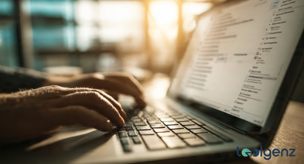 Close-up of hands typing on a laptop keyboard with an email client open on the display. The user is configuring advanced IMAP and SMTP settings for a university account.
