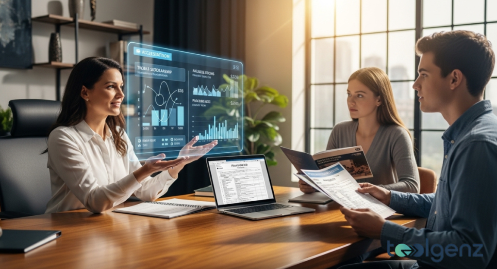 A financial advisor discusses accreditation and financial aid with two students, using a holographic display of charts and data. The visual aids and documents on the table suggest a detailed conversation about program costs and student support.