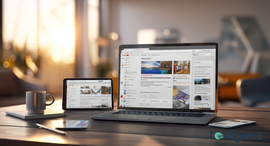 A laptop and tablet displaying a news dashboard with feed integration options.
It highlights the process of adding digital content to multiple platforms.