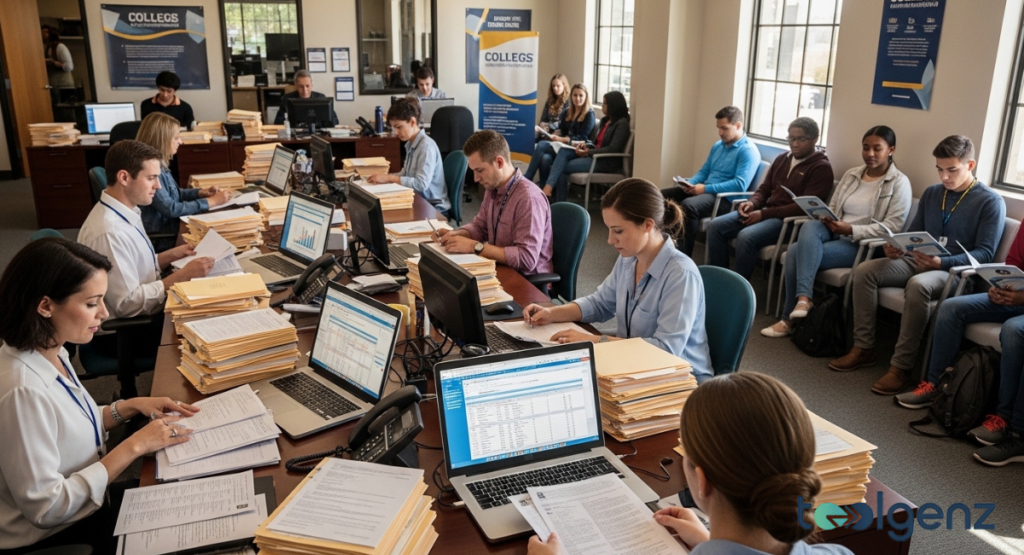 A busy admissions office where multiple students are consulting with staff members. The room is filled with paperwork and computer screens, indicating detailed processes.