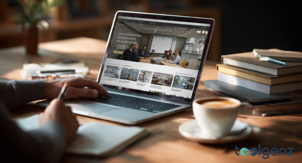 A prospective student researches enrollment details on a laptop alongside a warm cup of coffee and a stack of textbooks. The screen displays an official university portal with various campus life thumbnails.