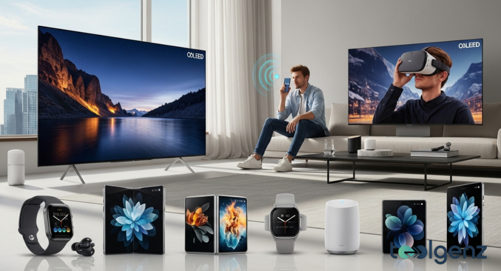 A man relaxing in a smart living room, interacting with voice commands, surrounded by various modern consumer electronics. Devices like smartwatches, foldable phones, and VR headsets are displayed.