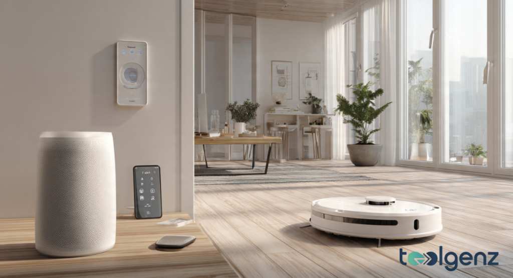 An integrated smart home interface displayed on a tablet next to an ambient voice-controlled hub.