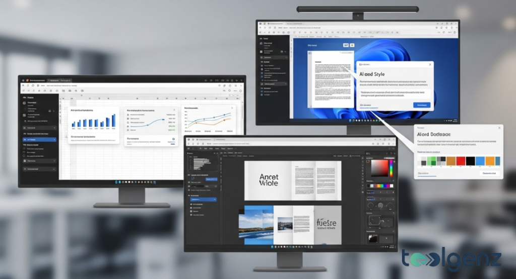 Multiple computer monitors display various applications, including spreadsheets, documents, and design software.