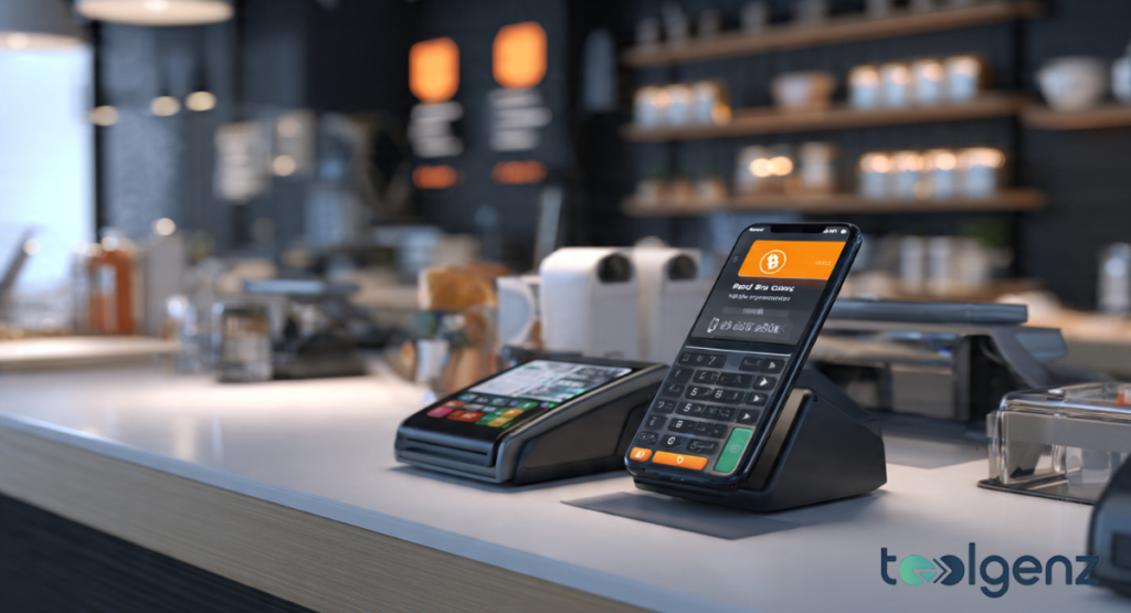 A close-up of a digital point-of-sale terminal and a smartphone displaying a Bitcoin logo on a clean white counter inside a modern cafe.