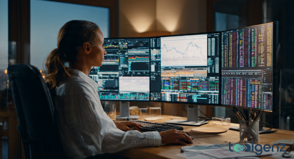 professional financial analyst monitors real-time market data and analyst ratings across three large desktop displays.
