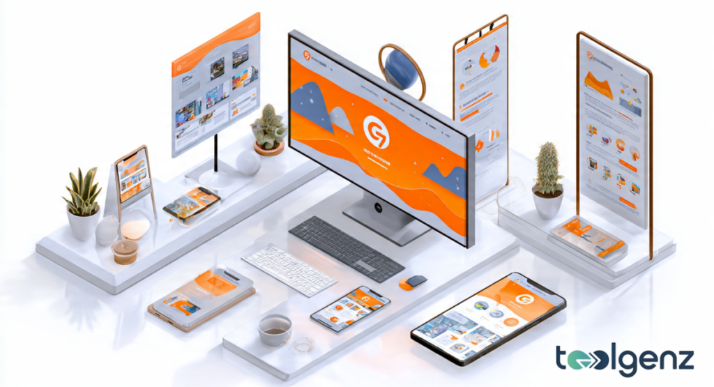 An isometric 3D workspace display featuring various digital devices, including a computer monitor, tablet, and smartphone, all showcasing the vibrant orange and white TechCrunch logo and matching user interface designs.