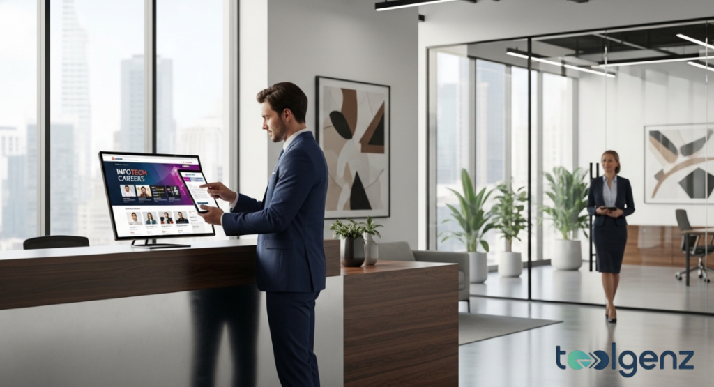 A businessman interacts with a large touchscreen display showing "INFOTECH CAREERS" and various job postings, in a contemporary office lobby. The interactive career portal suggests opportunities for applying for a position at.