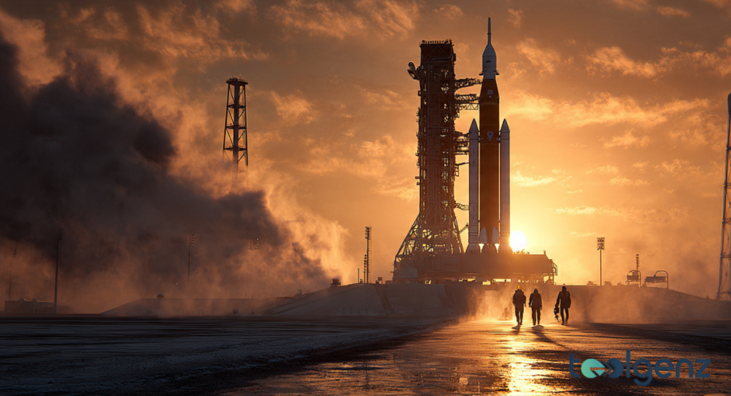 Three astronauts walking toward a massive moon rocket on a launchpad during a golden sunset with billowing smoke in the background.