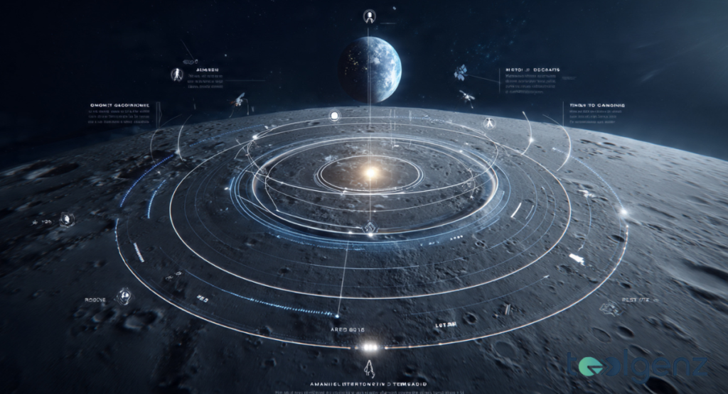 A high resolution graphic showing the flight path of a crewed spacecraft performing a figure-eight loop from Earth around the far side of the Moon.
