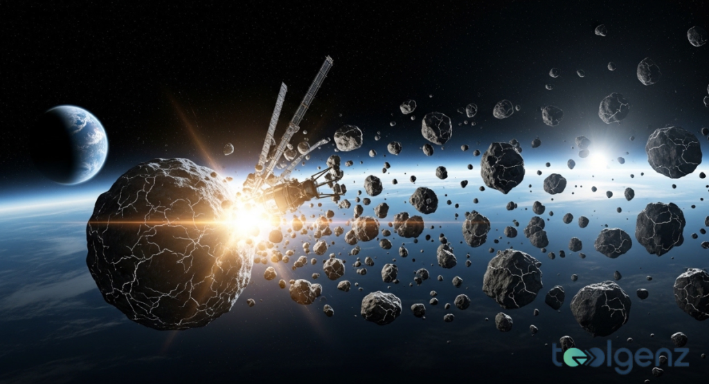 A spacecraft collides with a large asteroid, causing a bright explosion and scattering rocky debris.