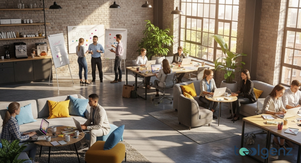 A spacious and bright coworking office filled with multiple individuals working on laptops in a relaxed setting. The environment promotes collaboration and productivity, with natural light streaming in.