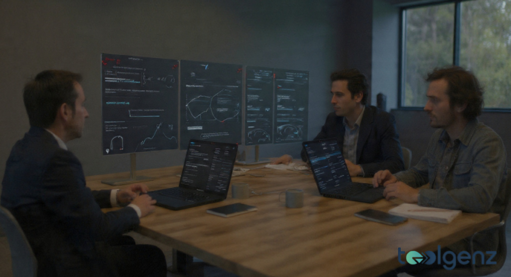 A top-down view of a workspace with a laptop, tablet, and smartphone displaying various tech blog interfaces. A clean, modern desk setup representing digital media consumption.