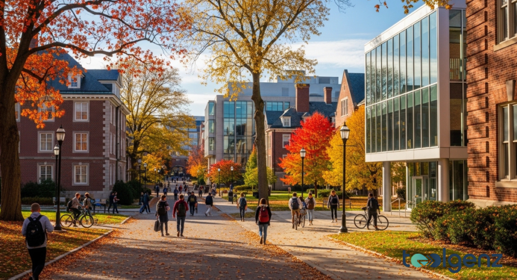 A vibrant university campus in autumn, with students walking along a tree-lined path between traditional brick buildings. The trees display colorful fall foliage.