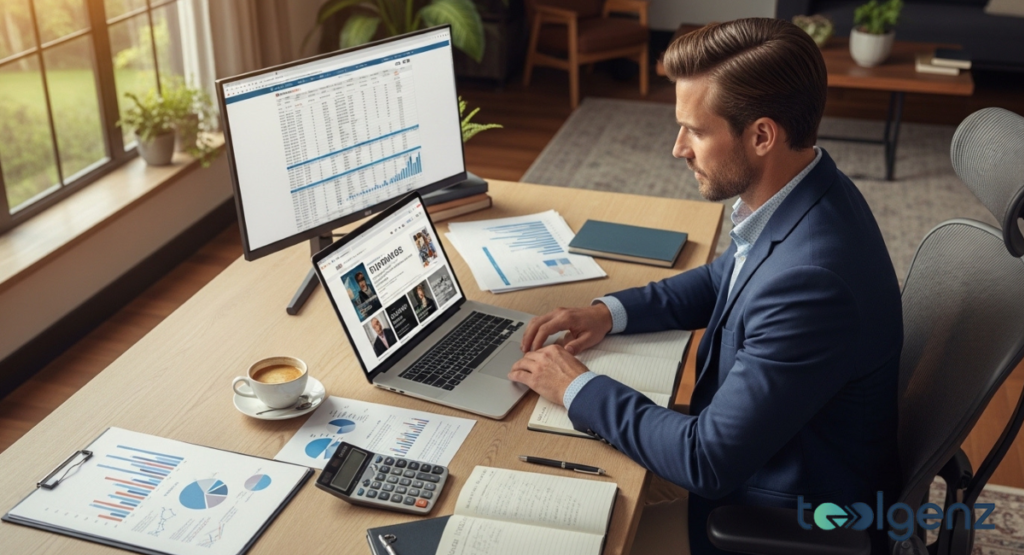 A professional in a suit working at a desk with a laptop and a large monitor displaying financial data. Documents, a calculator, and a coffee cup are neatly arranged around the workspace.
