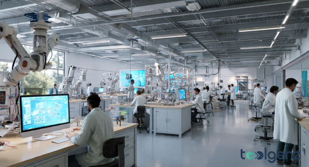 A high-tech laboratory setting with students in white lab coats operating robotic arms and monitoring complex data on computer screens.