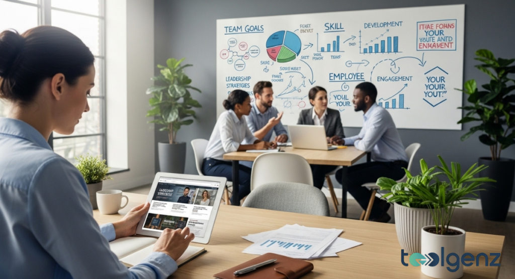 A woman reviews leadership and HR blog content on a tablet while a team collaborates in the background. A whiteboard outlines "TEAM GOALS" and "EMPLOYEE ENGAGEMENT" concepts.
