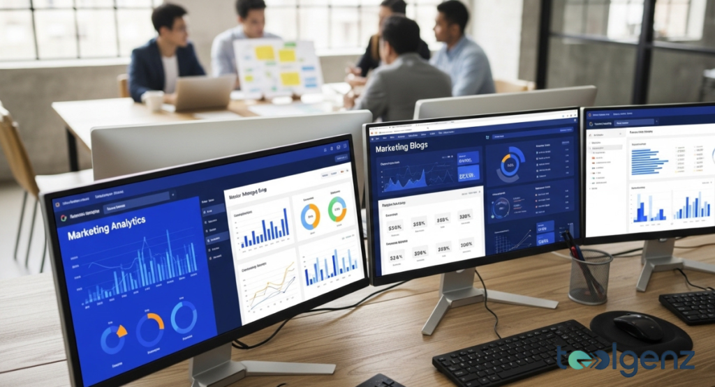 Multiple computer monitors displaying various marketing analytics dashboards and charts. A team is collaborating in the blurred background, discussing business growth.