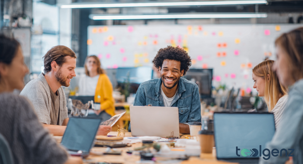 Diverse team of entrepreneurs laughing and collaborating around a laptop in a vibrant office. This image highlights the community-driven value of startup newsletters.