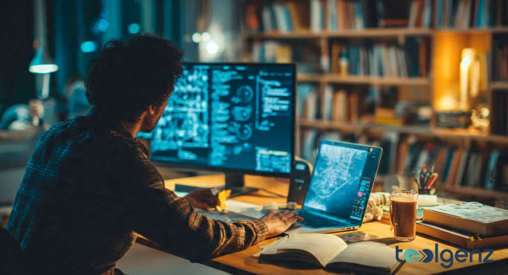 A group of students collaborating on a project in a high-tech workshop filled with 3D printers and specialized equipment at a major university in the Southeast.
