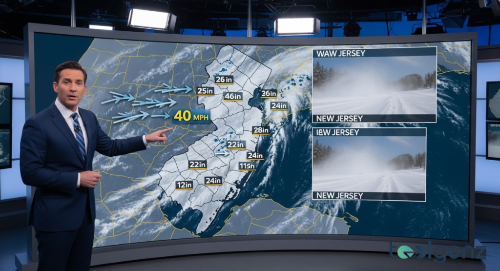 A weatherman points to a map of New Jersey on a large screen, displaying wind speeds and snow accumulation forecasts. The forecast shows significant winter weather.