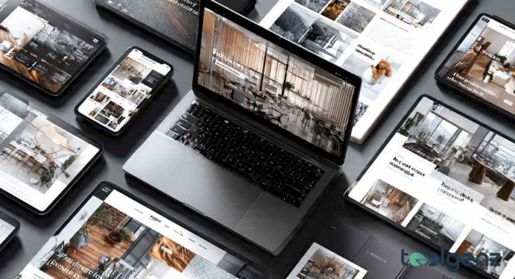 A high-quality digital mockup of multiple electronic devices including a laptop, tablet, and smartphone, all displaying a modern interface that answers the question: What Does a Blog Look Like.