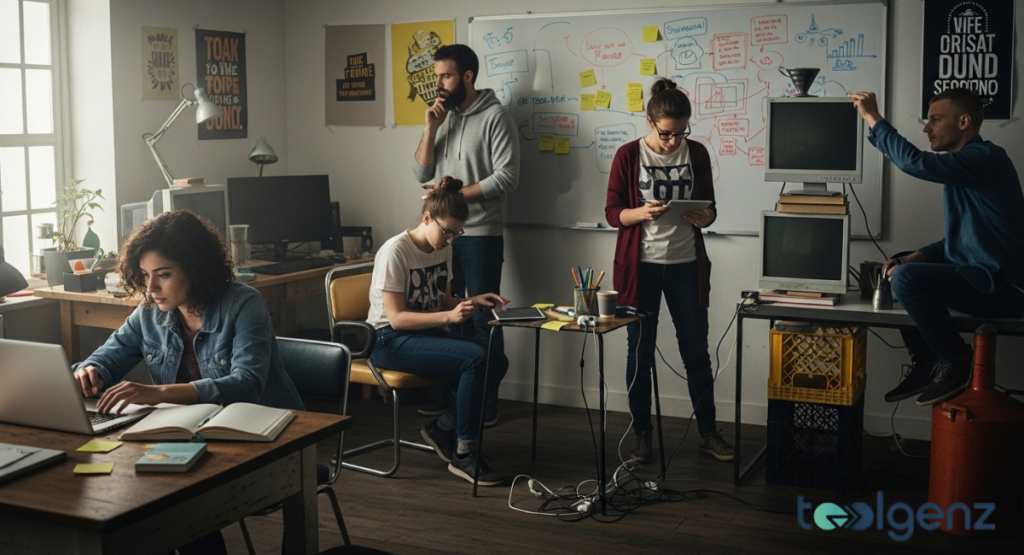 A group of young, diverse entrepreneurs in a bustling, somewhat cluttered startup office environment. They are actively collaborating, some working on laptops, others brainstorming on a whiteboard.