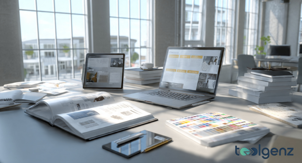 A laptop and tablet open on a clean white desk, showing digital brand guidelines and a color grid. Stacks of books and design resources surround the electronics in a bright office.