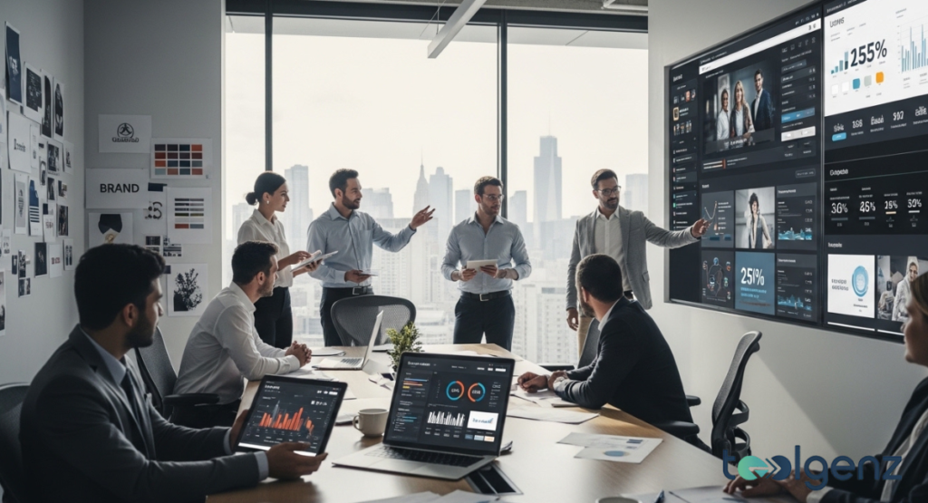 A dynamic boardroom scene where business leaders are actively discussing brand management and global online presence. One executive points to a large screen displaying key performance indicators, market trends, and competitive analysis data.