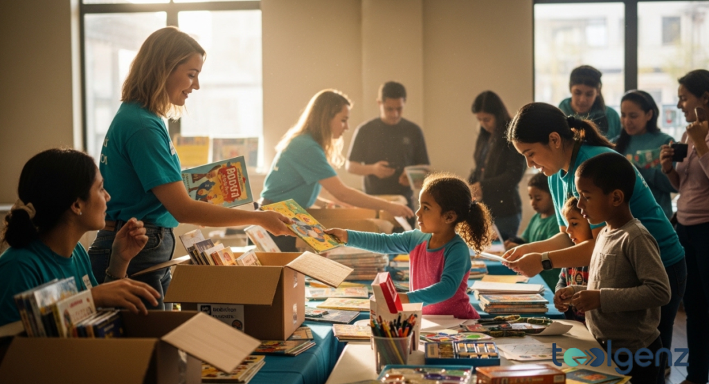 Volunteers at the Foundation for Children distribute books and supplies to kids.
The atmosphere is warm and supportive as staff interact directly with local families.