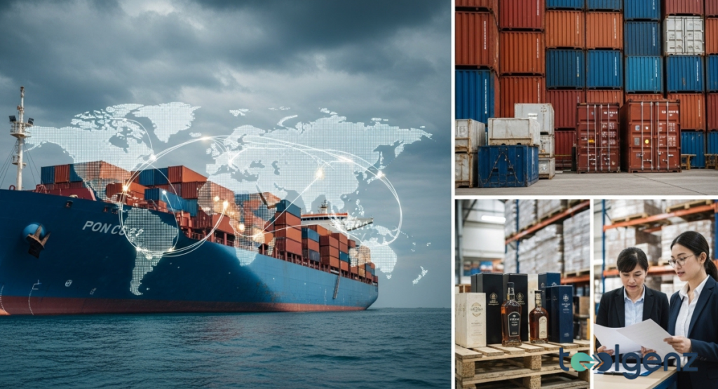 Composite image showing a massive container ship at sea overlaid with a digital global trade network. Side panels show shipping containers and workers inspecting bottled beverages.