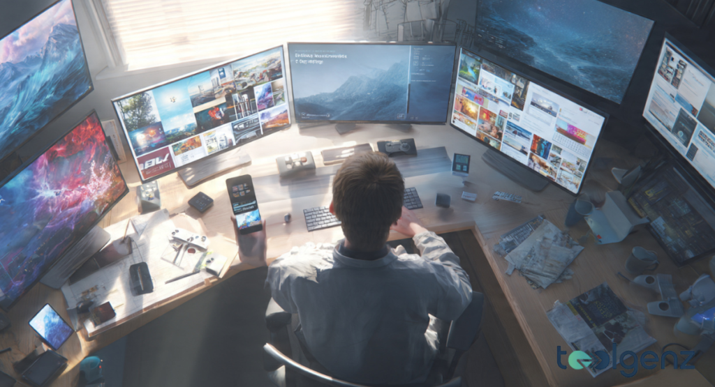 A high-angle view of a tech journalist at a wrap-around desk with five monitors showing various landscapes and data. The desk is cluttered with gadgets, papers, and a smartphone held in the person's hand.