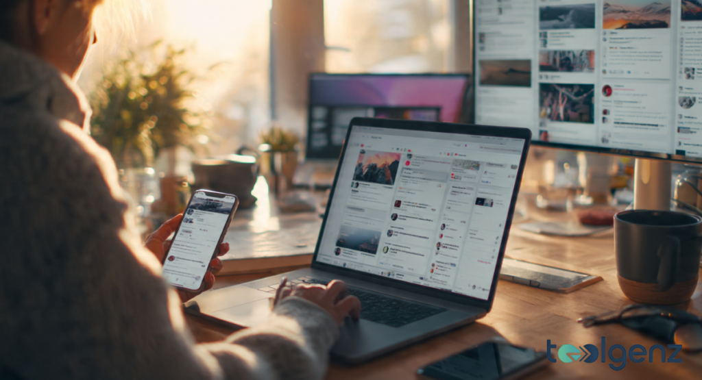 A person using a smartphone and laptop to browse community-driven news bulletins.