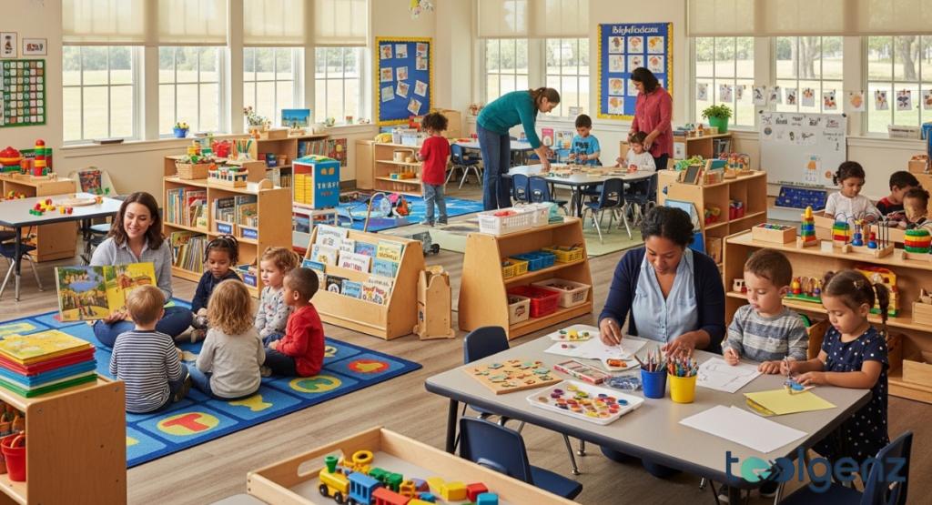 Teachers and children engage in various learning activities inside a classroom.
Natural light fills the spacious room, highlighting the diverse educational tools available.