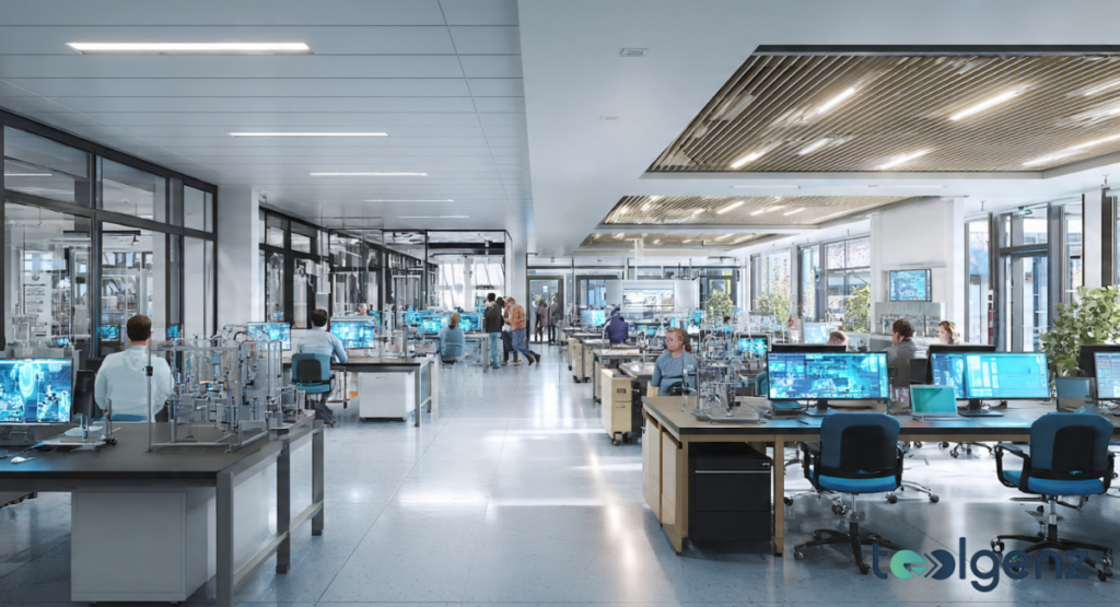 An expansive, open-plan computer laboratory featuring rows of sleek monitors and ergonomic blue chairs.