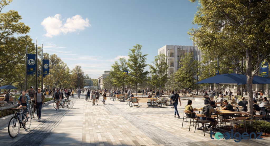 Students walk and dine in a vibrant, sun-drenched outdoor plaza surrounded by modern architecture and leafy trees. Blue university banners hang from poles along a wide pedestrian thoroughfare.