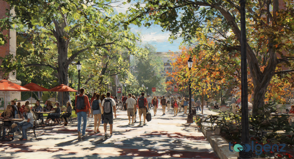 A street-level perspective of a campus walkway featuring orange patio umbrellas and tables, surrounded by mature trees displaying vibrant yellow and orange autumn foliage.