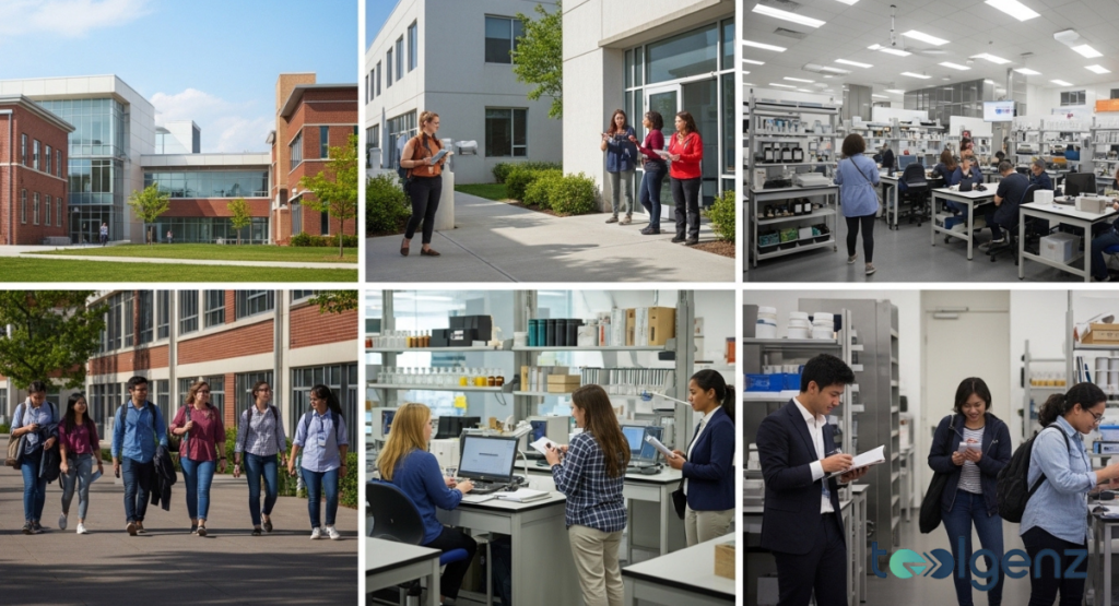 A collage of campus life scenes: modern university buildings, students walking outdoors, and students working in advanced science laboratories. The images showcase various aspects of academic and social environments.