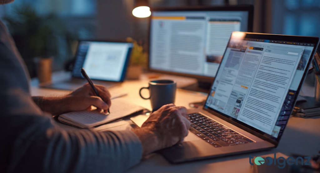 This image features a professional in a bright, modern office environment. The focus is on the user's expression of seasoned concentration as he navigates through a visual database, symbolizing the longevity and depth of a career in tech reporting.