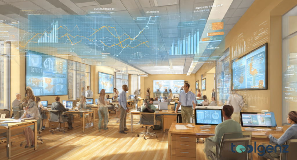 A high-tech office environment in Georgia featuring holographic data visualizations and professionals analyzing career trends. Growth projections and salary data visualizations float above a team of analysts in a modern workspace.