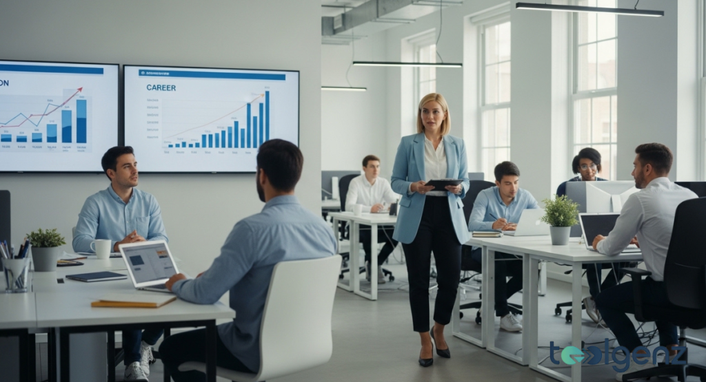 A vibrant open-plan office where a manager walks through rows of employees working on computers, with large screens displaying "Career" growth and "Innovation" metrics. This scene depicts a dynamic work environment with opportunities for professional development.