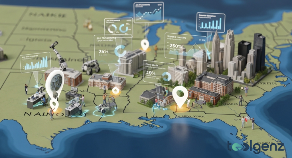 An aerial 3D map of the East Coast of the United States, depicting major cities with buildings and various data visualizations like charts and graphs. This map highlights the best engineering schools in the East Coast.