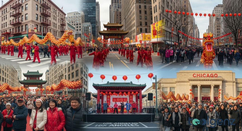 A collage of six different images showing dragon parades and cultural performances in cities like Los Angeles and Chicago. Each frame highlights the diverse ways the holiday is celebrated across America.