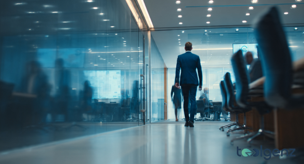 A man in a blue business suit walking down a modern office hallway towards a bright conference room.