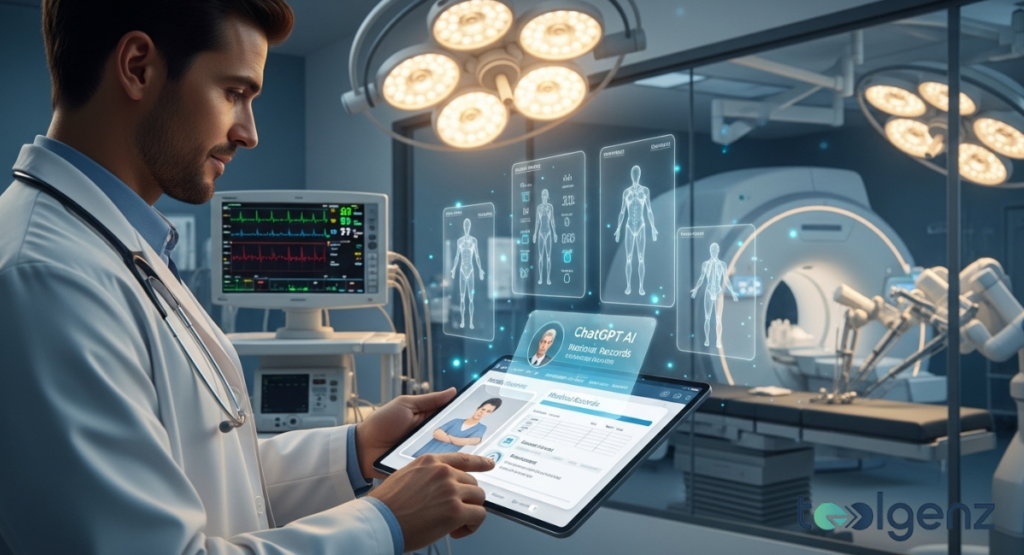 A doctor in a white coat uses a transparent tablet displaying "ChatGPT AI Healthcare Records" and human anatomy models, in a modern operating room. The integrated digital tools and holographic patient data highlight ChatGPT's health and medical record integration.
