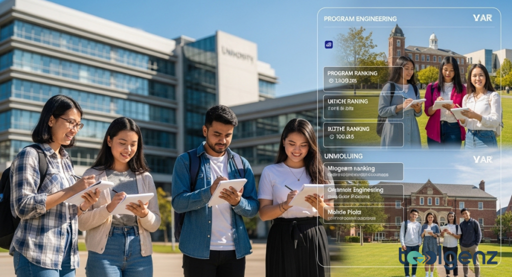 A diverse group of students on a sunny university campus, holding tablets and notebooks, with a transparent overlay displaying best engineering programs in US and "PROGRAM RANKING." The scene visually represents the process of choosing from the best engineering programs in US, considering rankings and specializations.